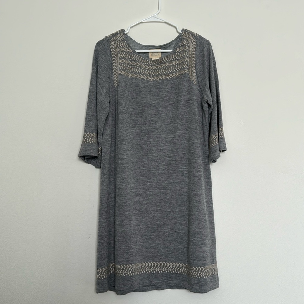 Edme & Esyllte Anstice Gray ¾ Sleeve Embroidered Sweater Dress.